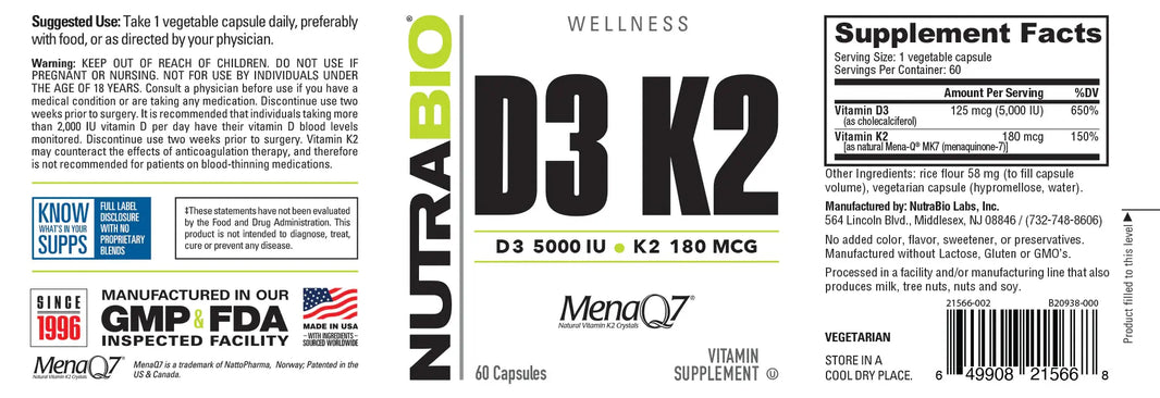 NutraBio | Vitamin D3 K2 (5000 IU D3, 180 MCG K2) NutraBio