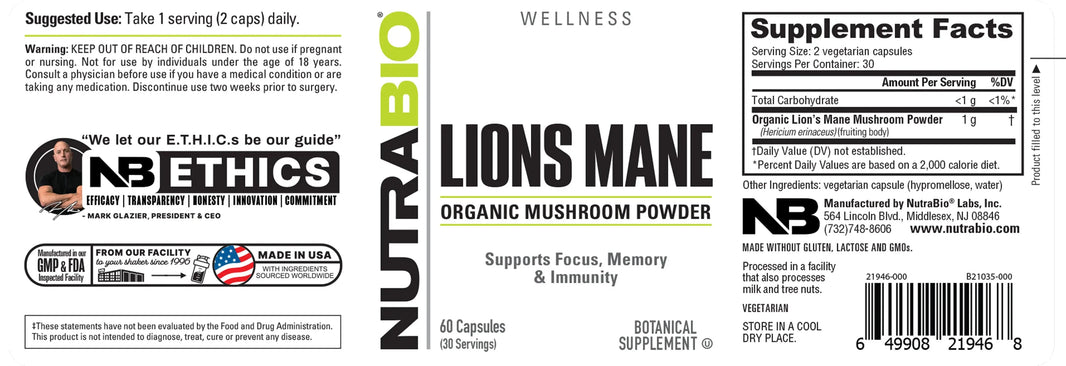 NutraBio | Organic Lions Mane (500 mg) NutraBio