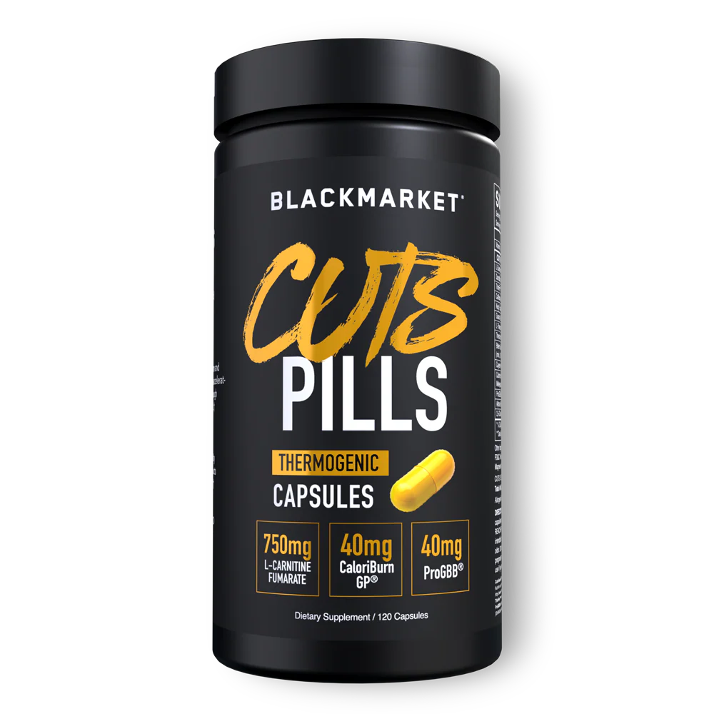 Blackmarket Cuts Pills supplement container on a white background