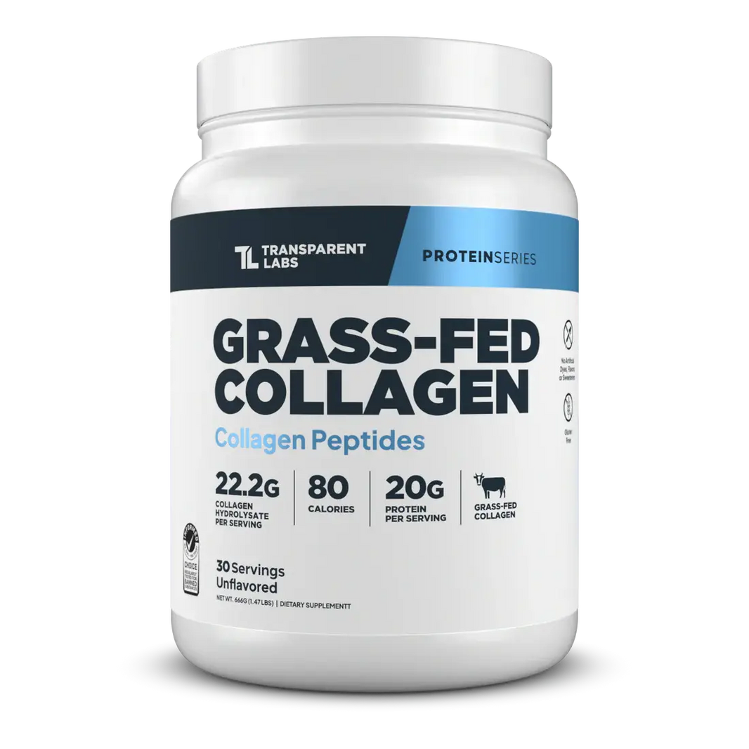 Transparent Labs Grass-Fed Collagen supplement container on a white background