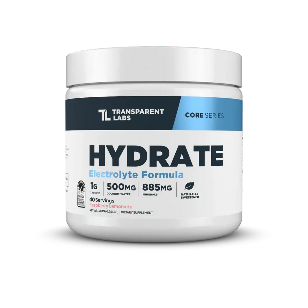 Transparent Labs Hydrate supplement container on a white background