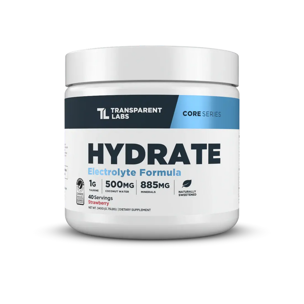 Transparent Labs Hydrate supplement container on a white background