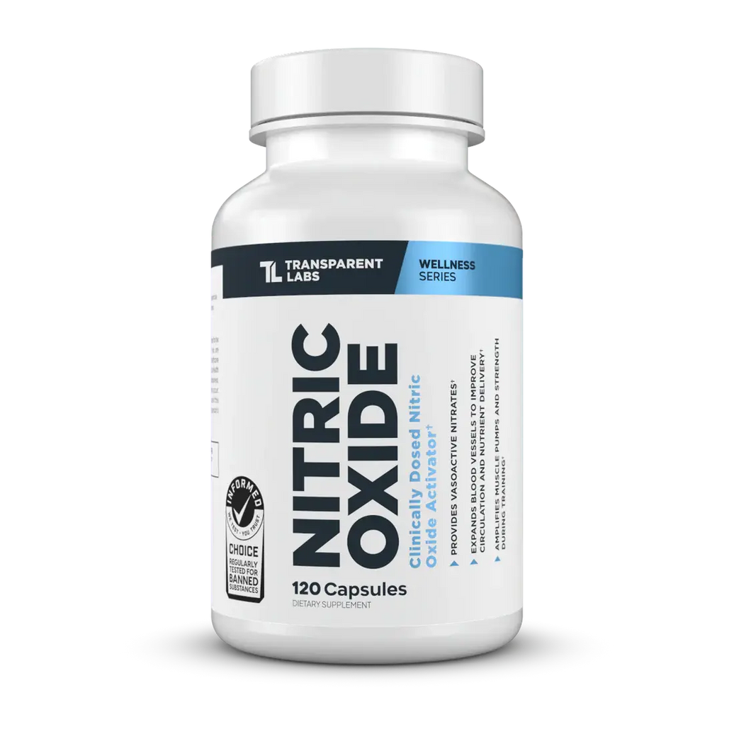 Supplement bottle labeled 'Nitric Oxide' by Transparent Labs on a white background