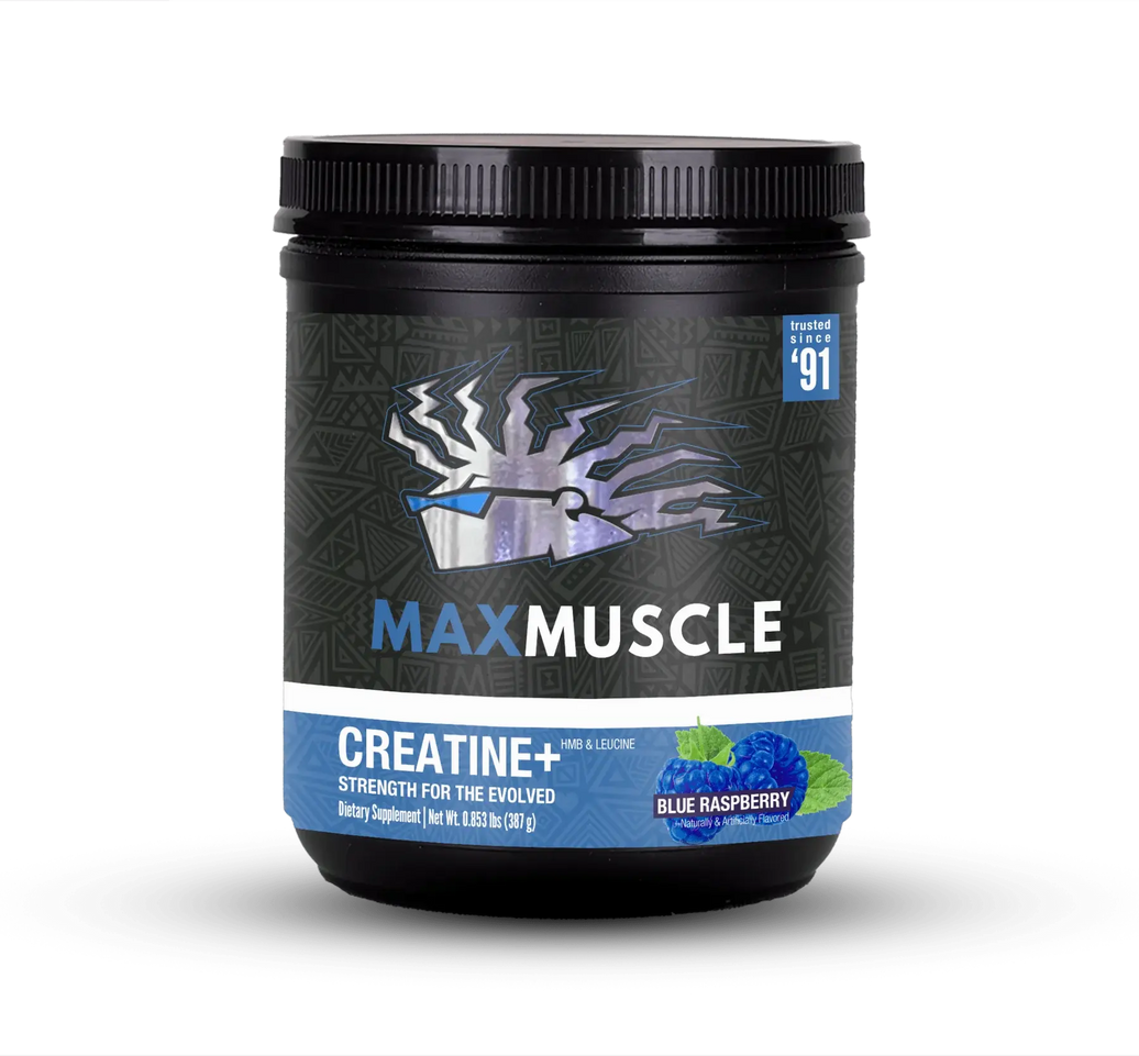 Max Muscle Creatine+ supplement container with blue raspberry flavor on a white background
