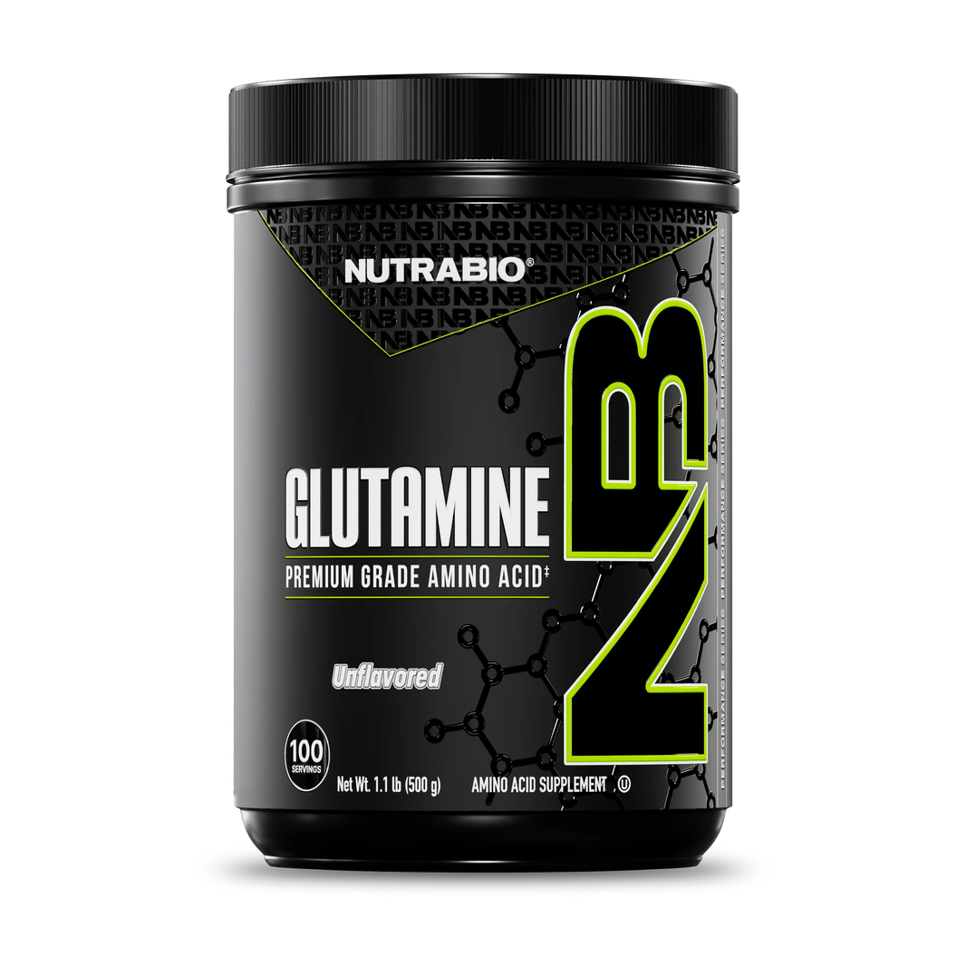 NutraBio Glutamine supplement container on a white background