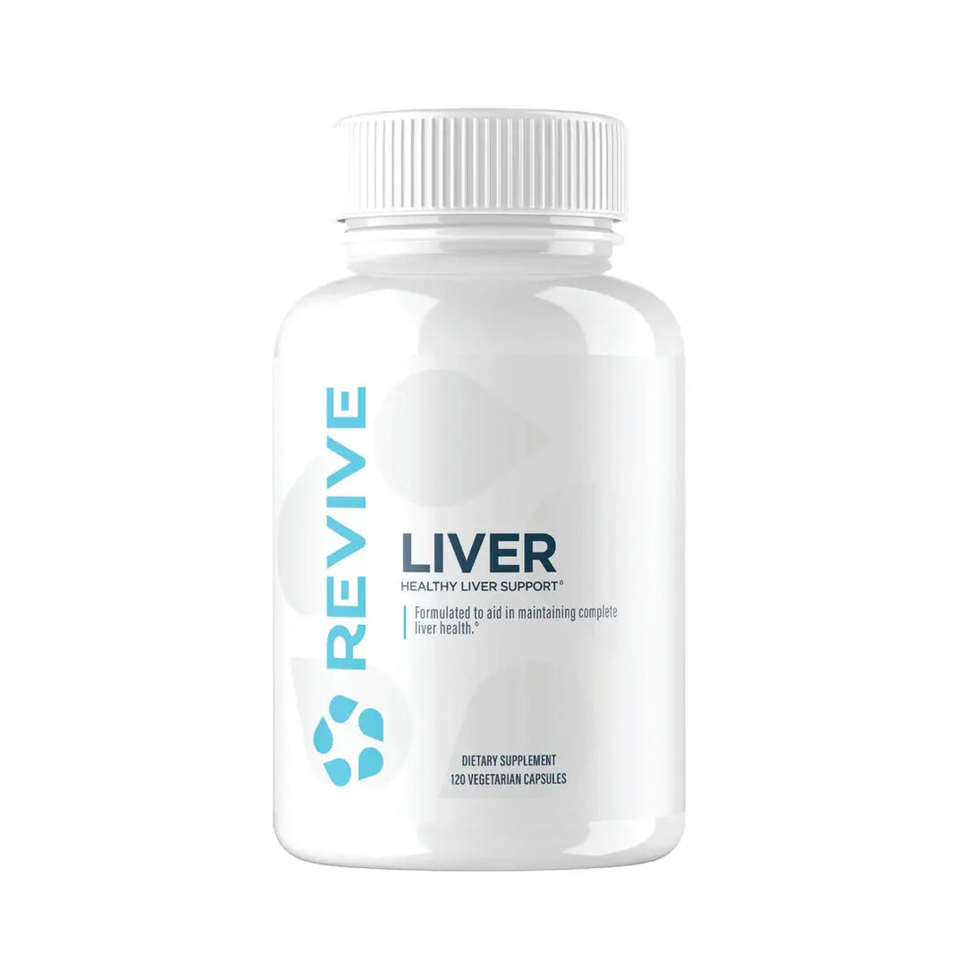 A white bottle with a blue and green label that reads 'REVIVE LIVER HEALTHY LIVER SUPPORT'.