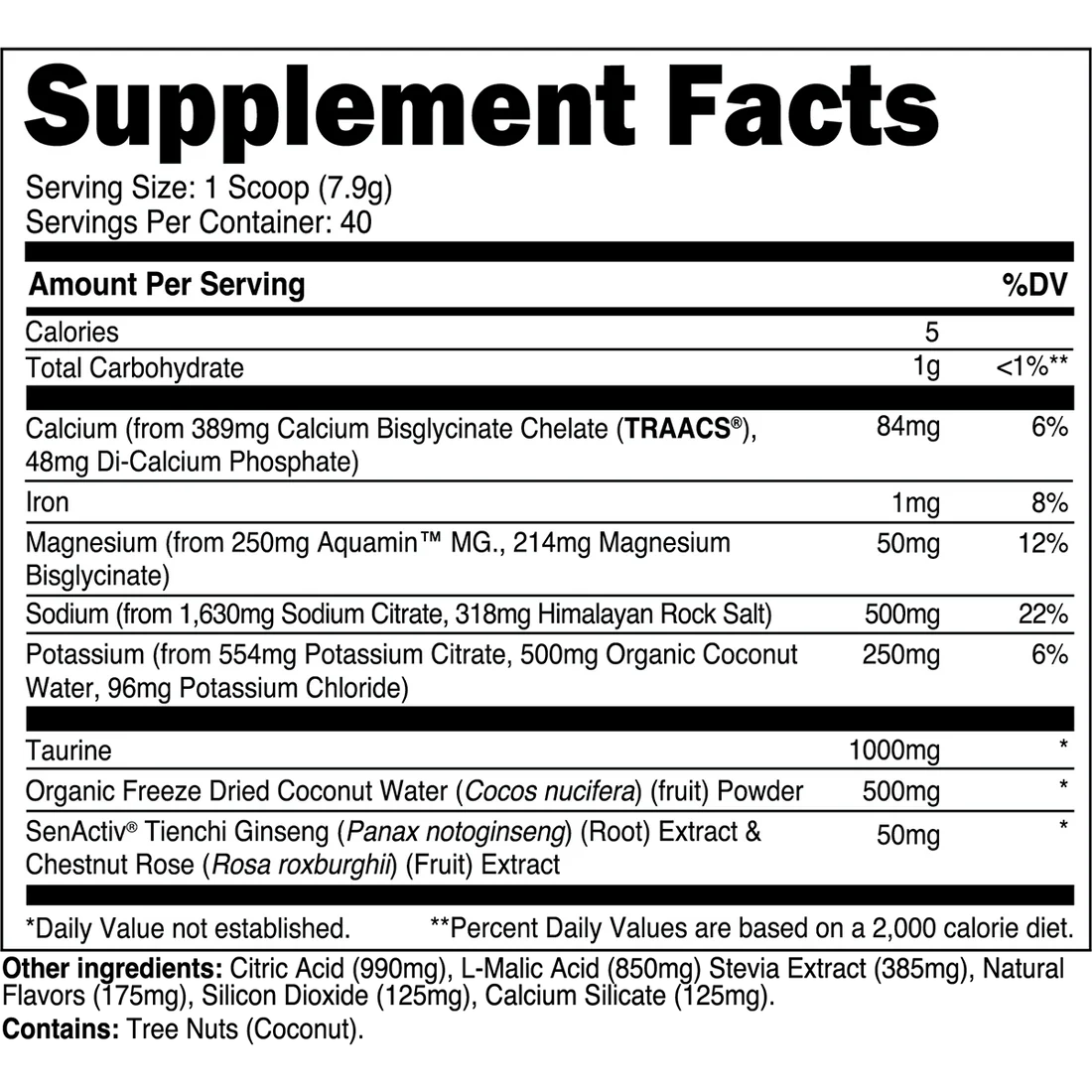 Supplement facts label with detailed nutritional information on a white background