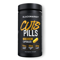 Blackmarket Cuts Pills supplement container on a white background