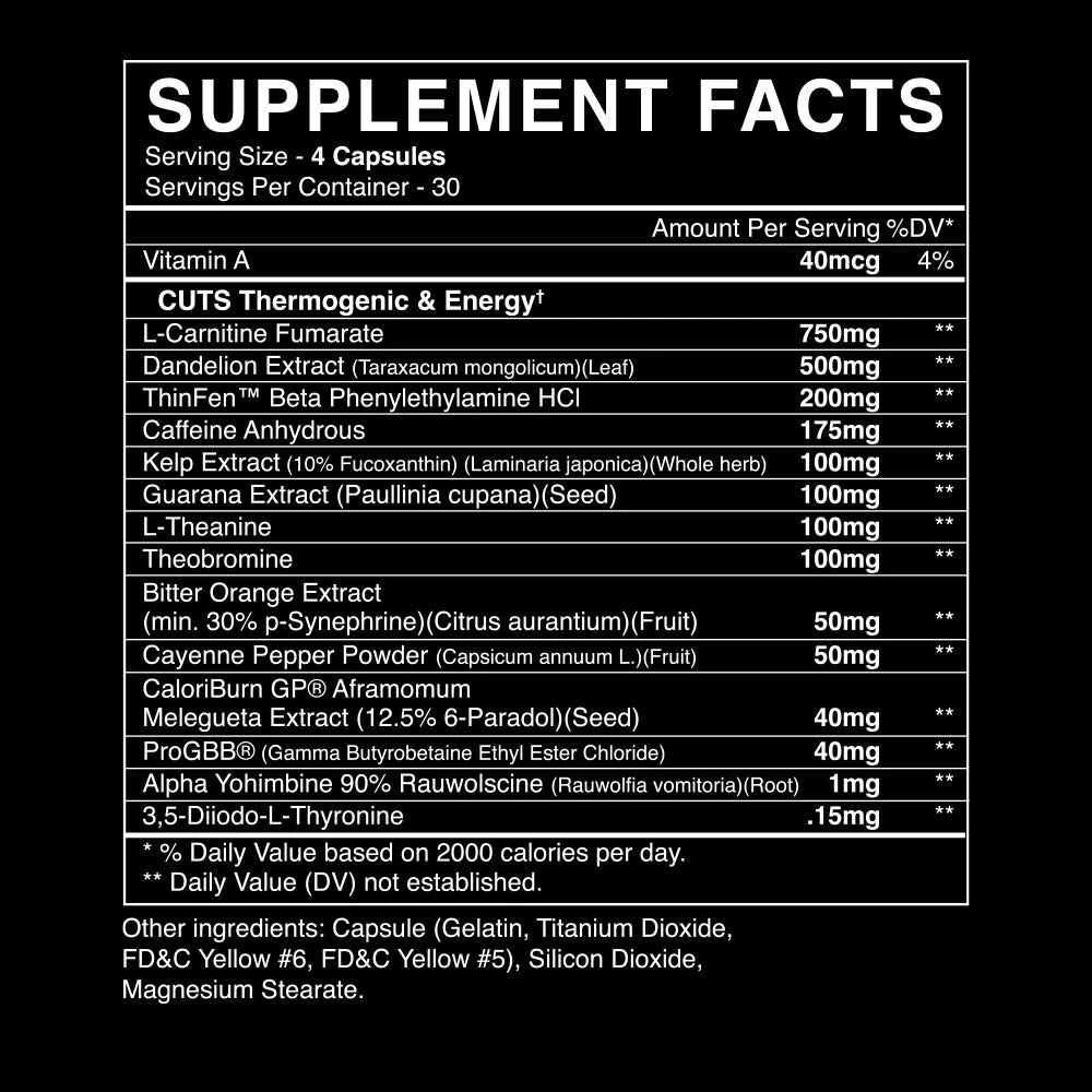 Supplement facts label with various ingredients and their amounts on a black background