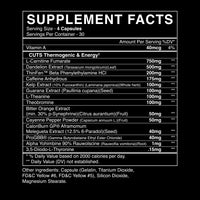 Supplement facts label with various ingredients and their amounts on a black background