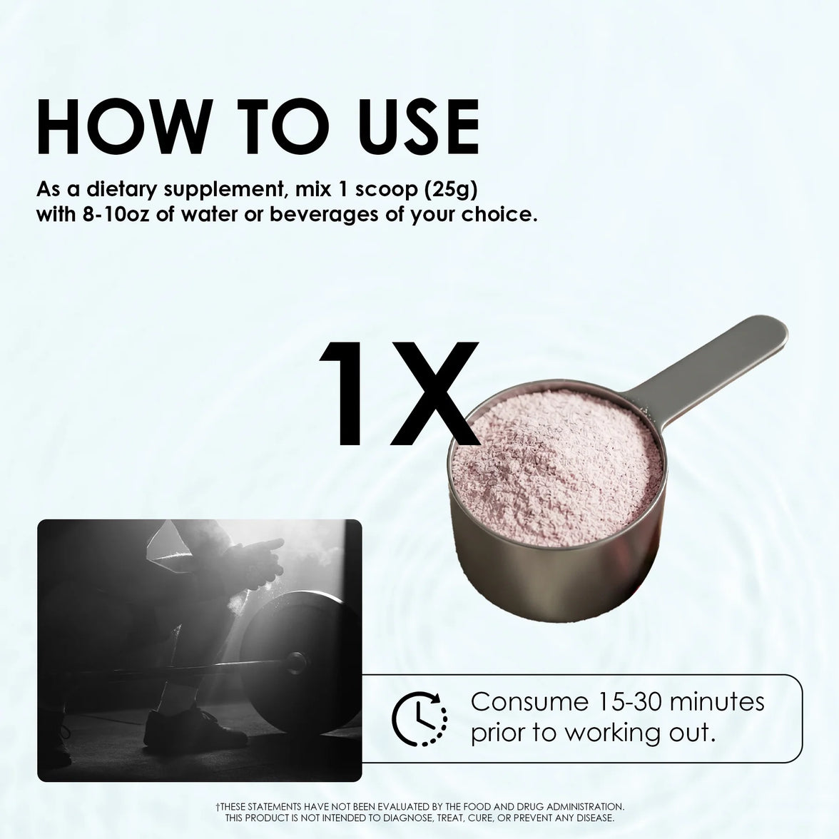 Instructions for using a dietary supplement with a scoop of powder and a person lifting weights.
