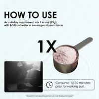 Instructions for using a dietary supplement with a scoop of powder and a person lifting weights.