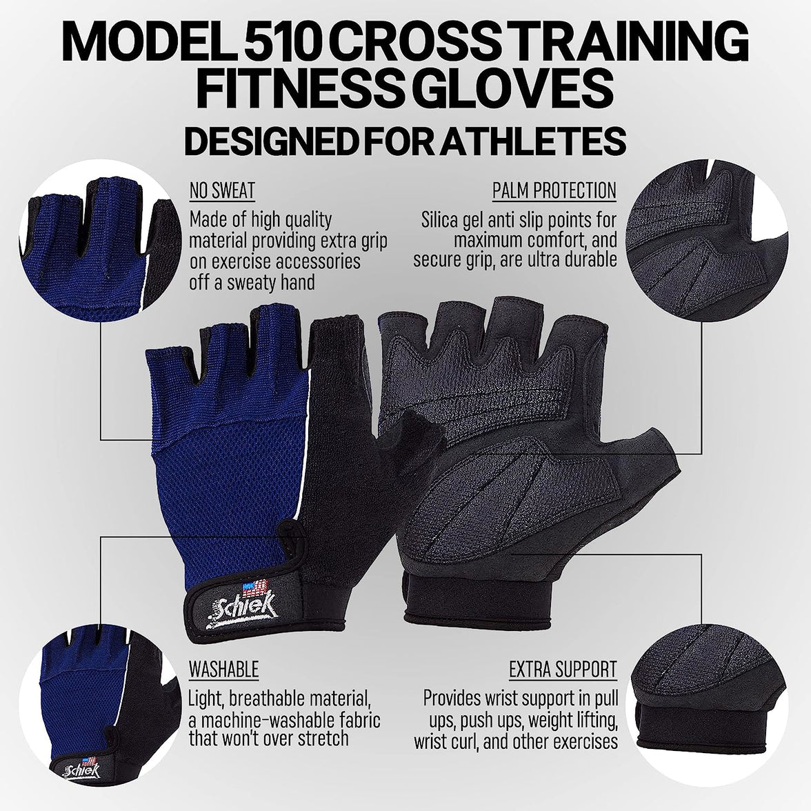 Schiek Sports 510 Cross Training Fitness Gloves - Weight Lifting Gloves with Adjustable Straps - Silicone Gel Padded Gloves for Women and Men Max Muscle Orlando