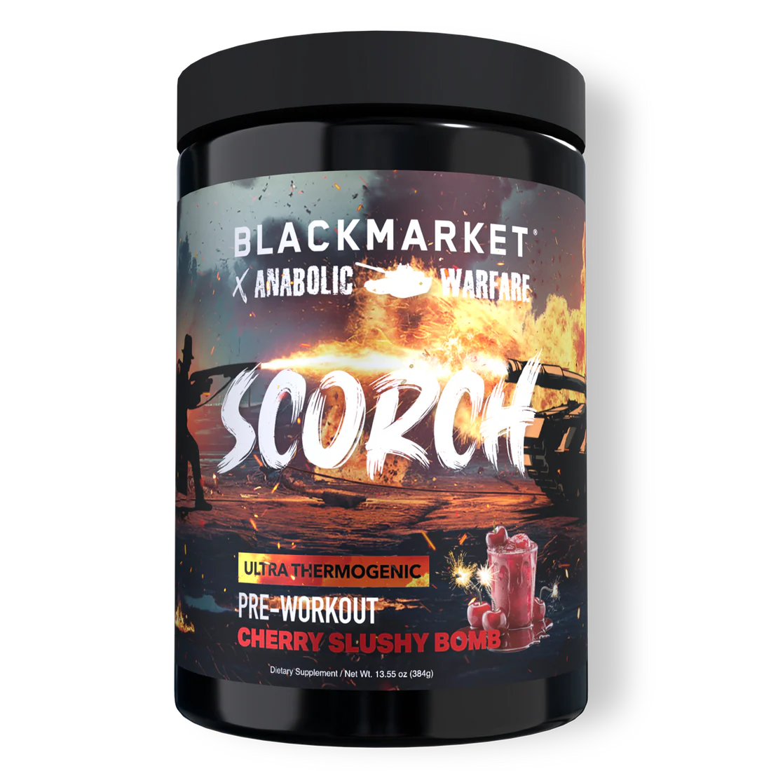 Blackmarket Anabolic Warfare Scorch pre-workout supplement container on a white background
