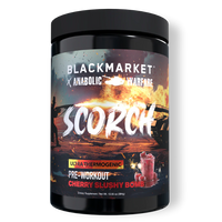 Blackmarket Anabolic Warfare Scorch pre-workout supplement container on a white background