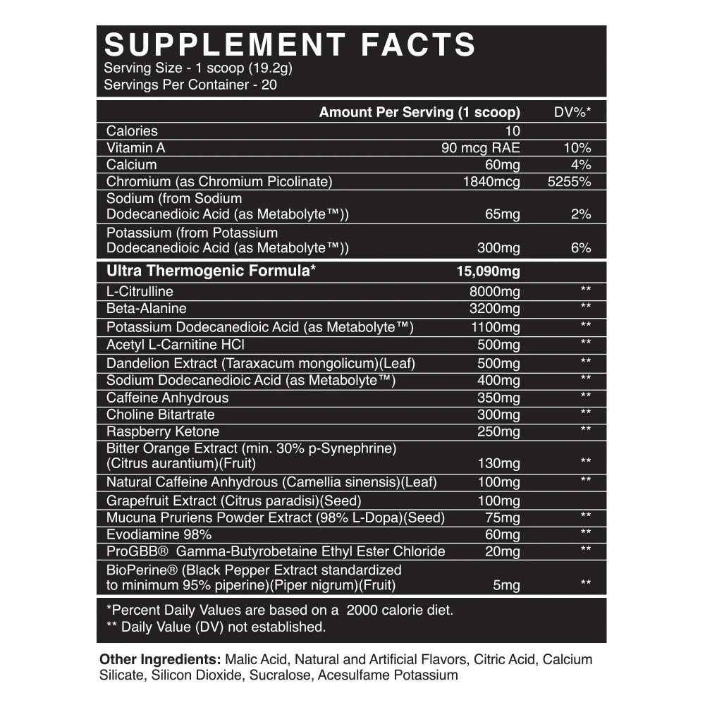 Supplement facts label with detailed nutritional information on a white background