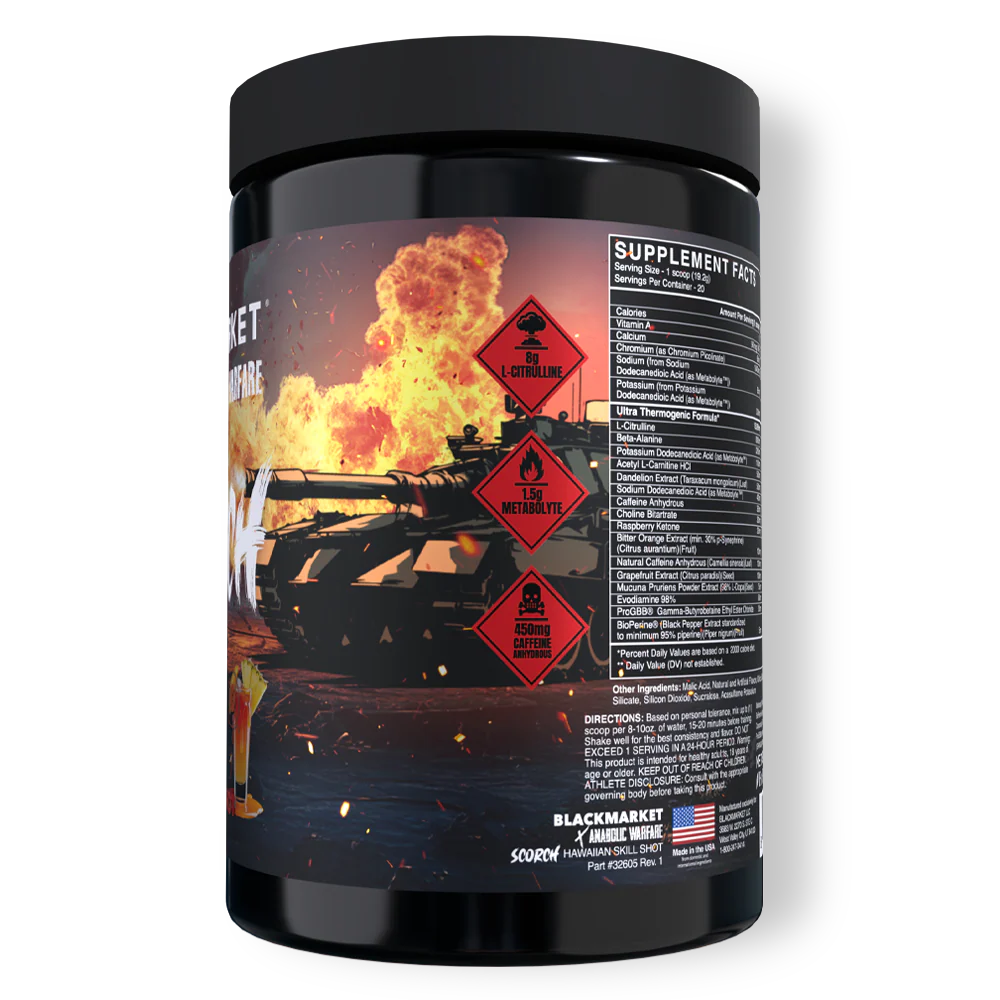 Black supplement container with military-themed design and warning labels on a white background