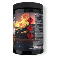 Black supplement container with military-themed design and warning labels on a white background