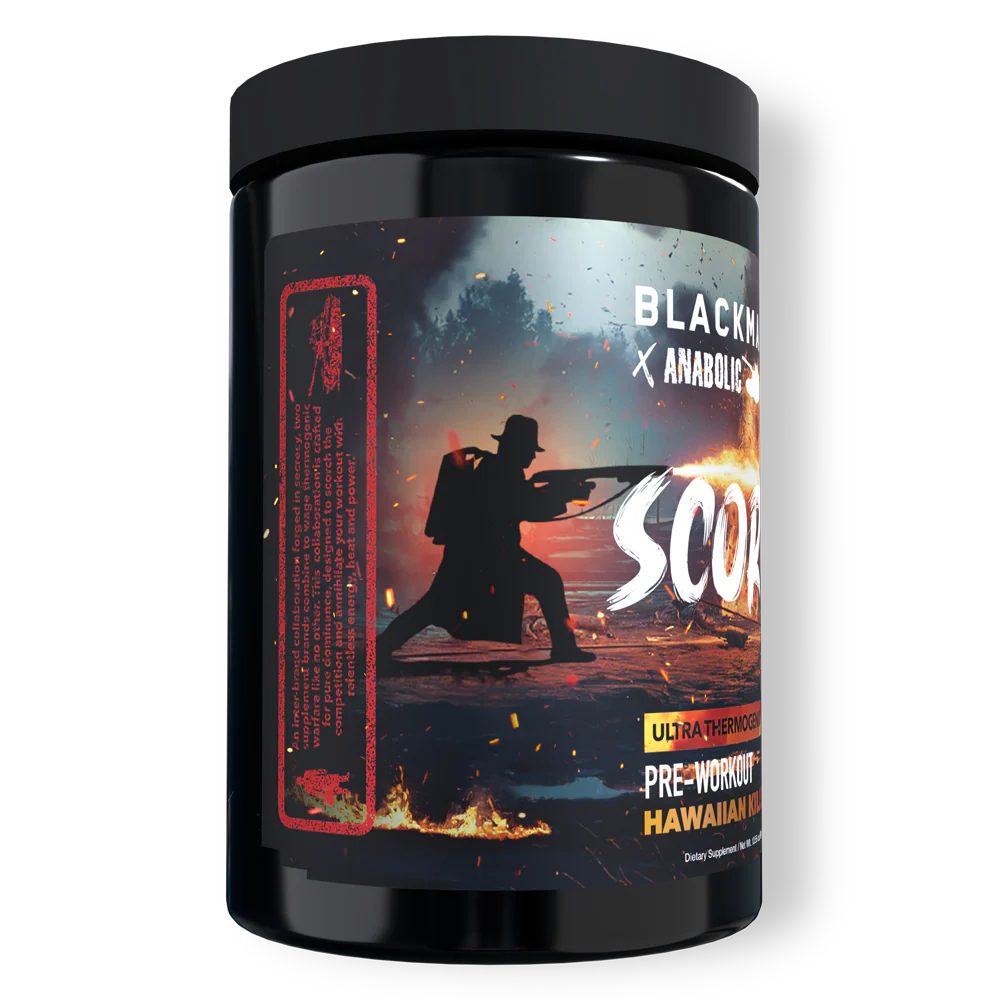 Black supplement container with a graphic design on a white background