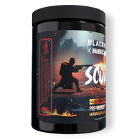 Black supplement container with a graphic design on a white background