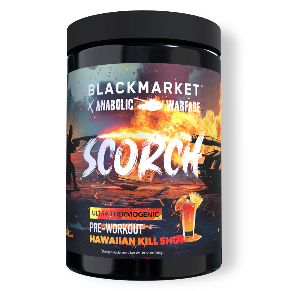 Blackmarket Anabolic Warfare Scorch pre-workout supplement container on a white background