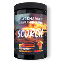 Blackmarket Anabolic Warfare Scorch pre-workout supplement container on a white background
