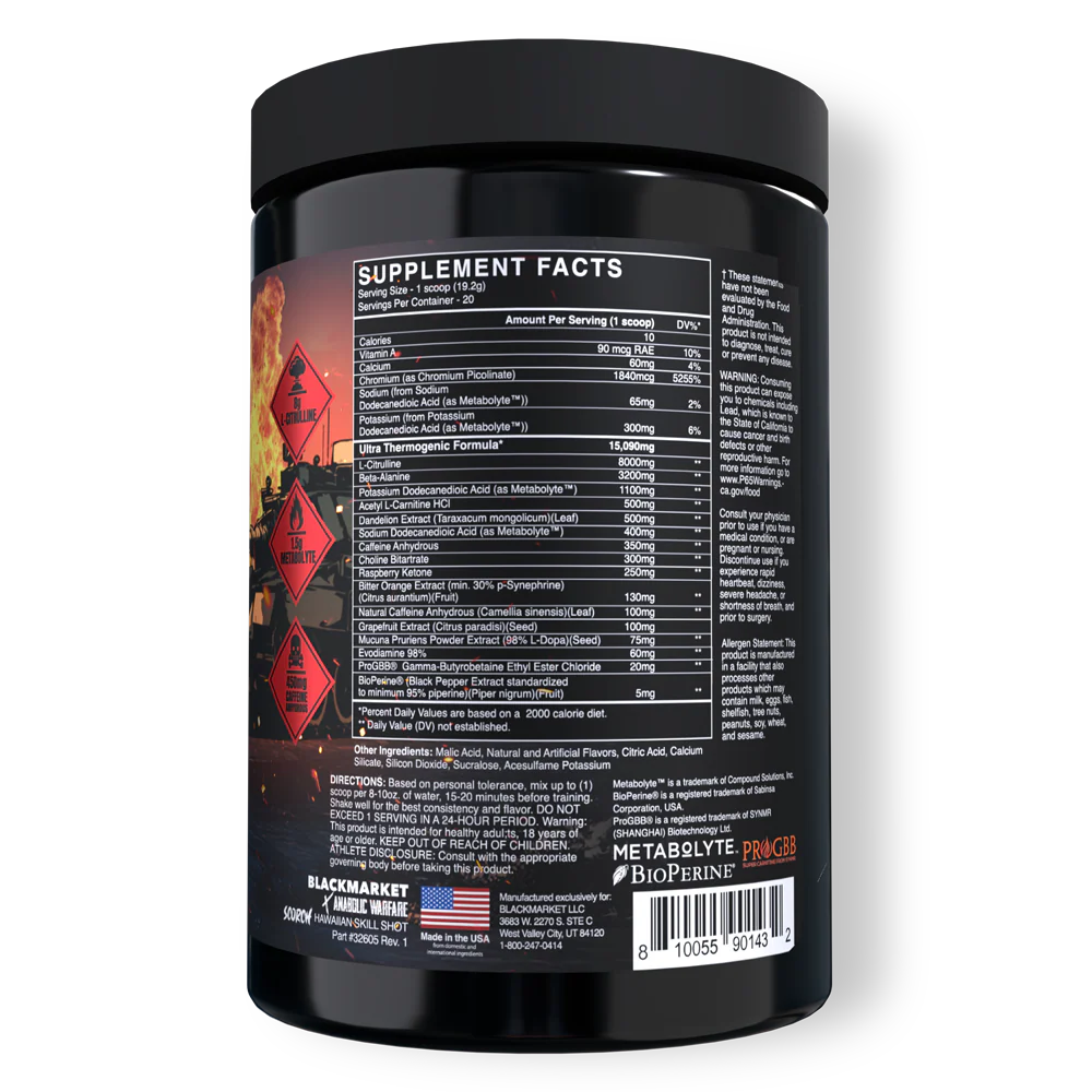 Black supplement container with supplement facts label on a white background