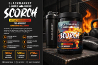 Blackmarket Anabolic Warfare Scorch pre-workout supplement with shaker and kettlebells in a gym setting.