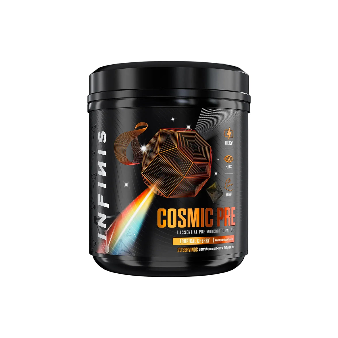 Black supplement container labeled 'Cosmic Pre' on a gray background