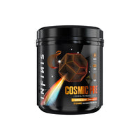 Black supplement container labeled 'Cosmic Pre' on a gray background