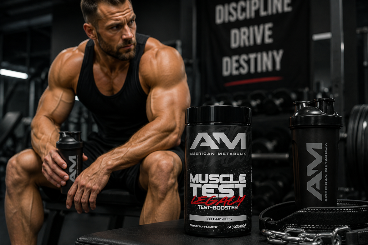 Muscular man sitting with AMI supplement containers in a gym setting