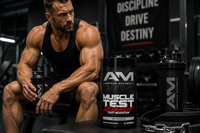 Muscular man sitting with AMI supplement containers in a gym setting