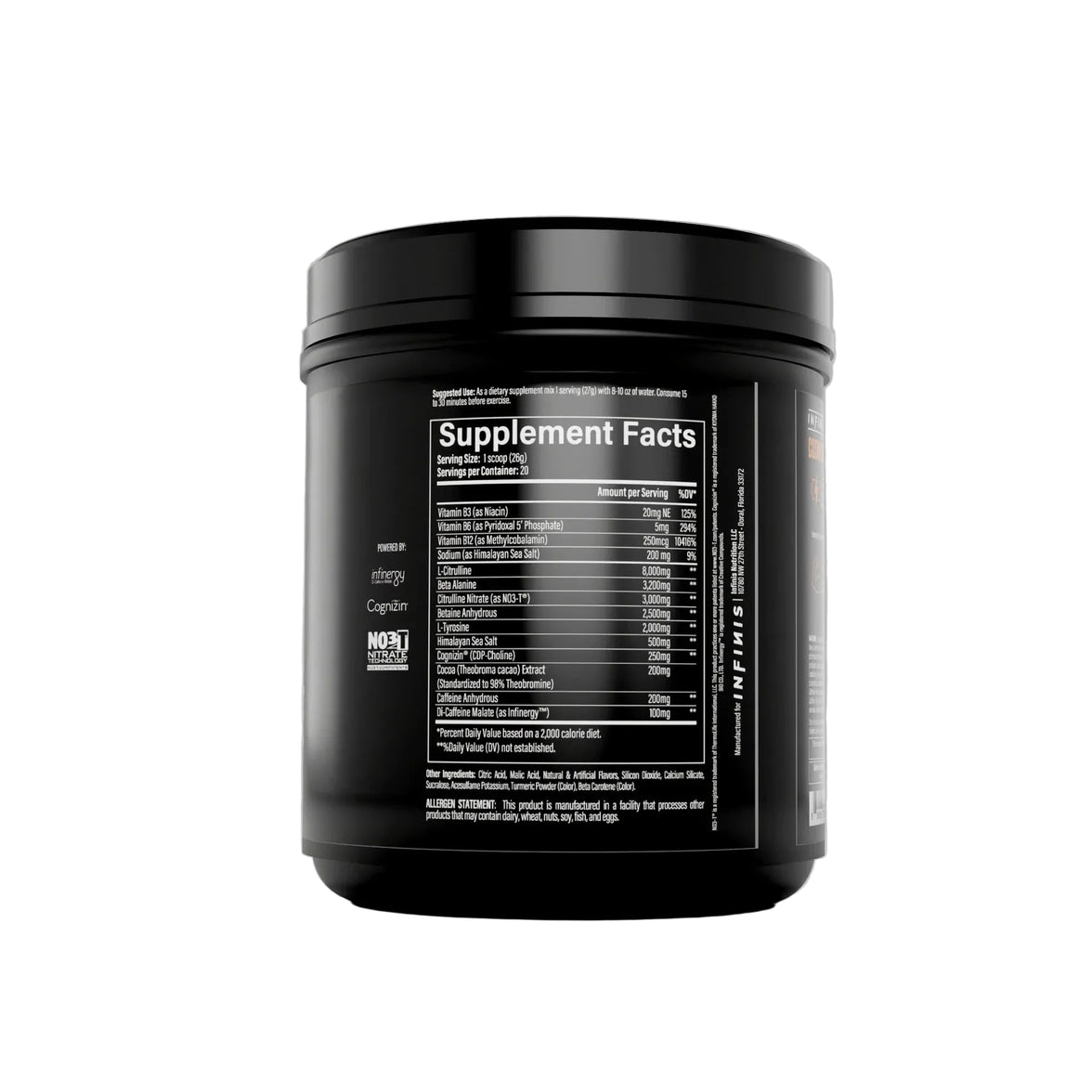 Black supplement container with 'Supplement Facts' label on a gray background
