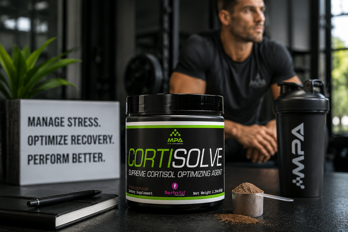 Cortisol supplement container with a man in the background and motivational text on a sign.