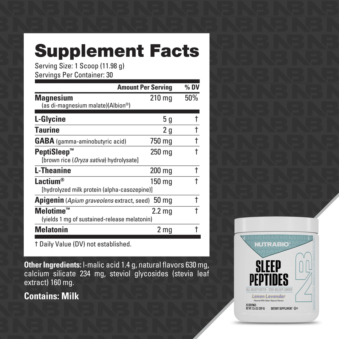 Supplement facts label and container of Nutrabio Sleep Peptides on a branded background