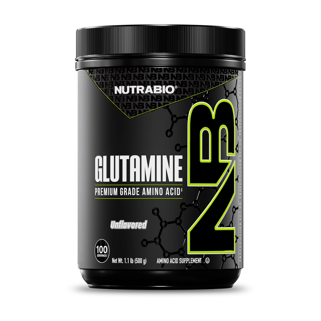 NutraBio Glutamine supplement container on a white background