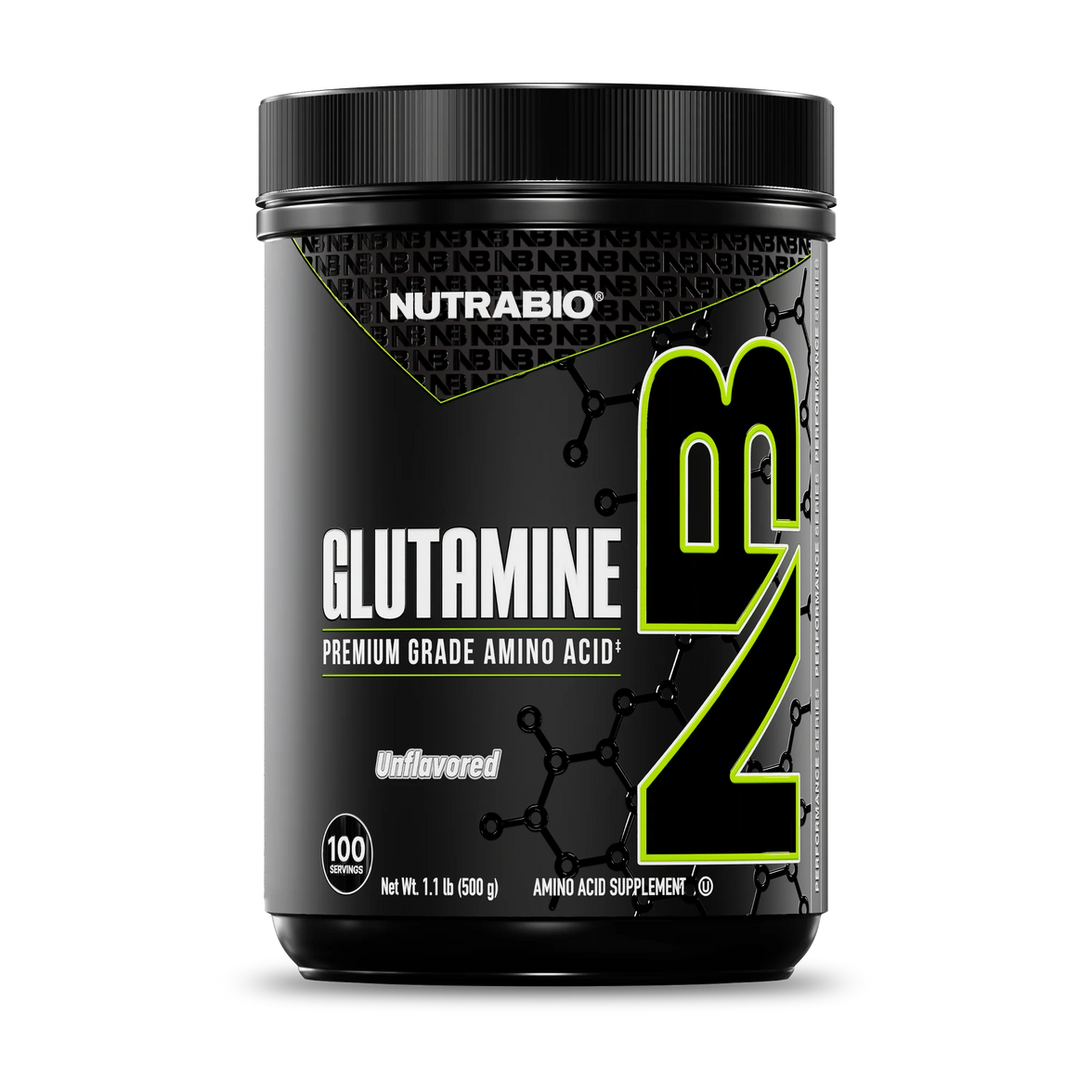 NutraBio Glutamine supplement container on a white background