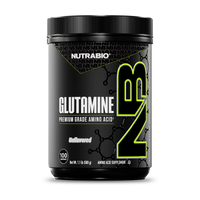 NutraBio Glutamine supplement container on a white background