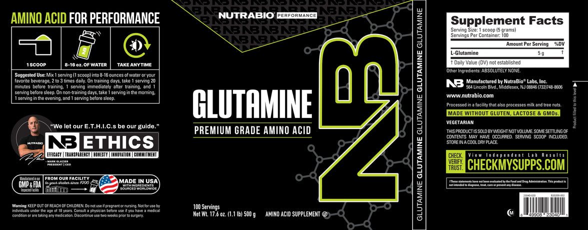 Supplement label for glutamine with branding and nutritional information.