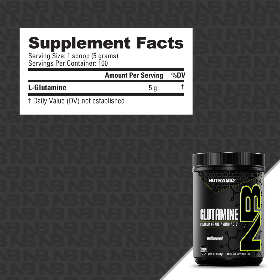 NutraBio L-Glutamine supplement container with supplement facts label on a branded background