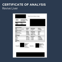 Certificate of Analysis for a product labeled 'Revive Liver' on a dark blue background.