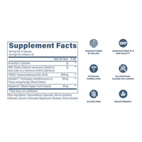 Supplement facts label with various icons and text on a white background