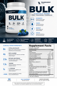 Supplement container labeled 'Bulk' with ingredients and facts on a dark background